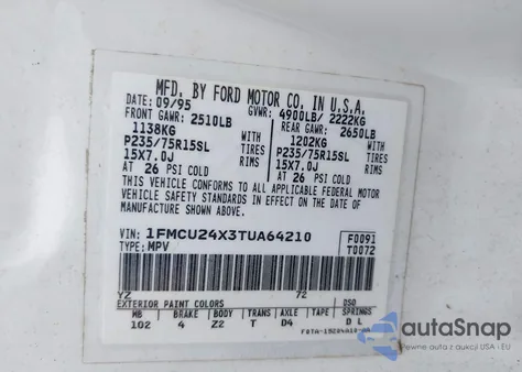 1996 Ford Explorer z USA, uszkodzony, nr VIN 1FMCU24X3TUA64210